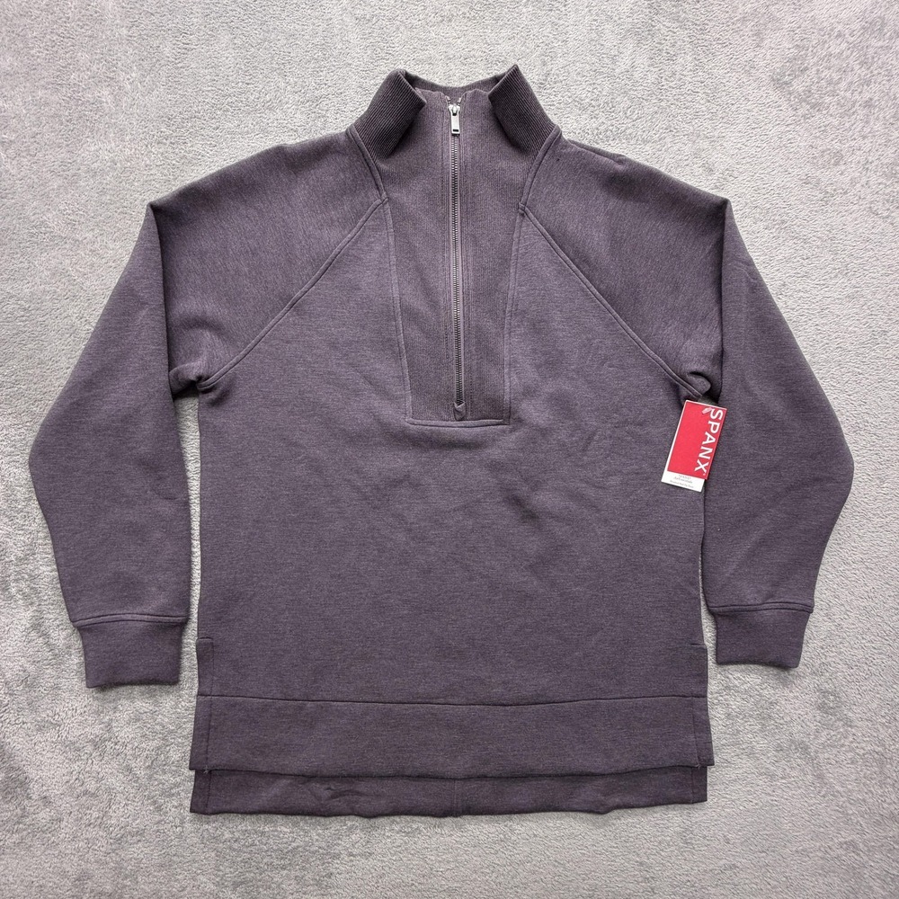 SPANX Sweatshirt Womens M Purple Fleece 1/4 Zip Mock Neck Relaxed Pullover